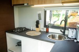 a small kitchen with a sink and a window at The Lorikeet Tiny Home with Stunning Views in Canoelands