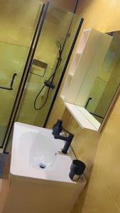 a bathroom with a sink and a shower at The Abode in Lekki Phase 1 +13 photos