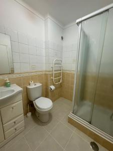 a bathroom with a shower and a toilet and a sink at Seabreeze T3 in Carvoeiro