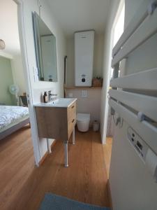 a bathroom with a sink and a bed and a mirror at Échappée iodée et nature à l'Île d'Oléron in Saint-Georges-dʼOléron