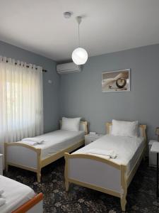 two beds in a room with blue walls at Rezidenca Inspire in Tirana