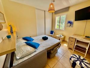 a bedroom with a bed with blue pillows and a desk at Les Carnoulettes in Carnoules +24 photos