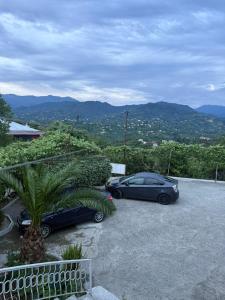 two cars parked in a driveway with mountains in the background at Tsikhisdziri Hotel in Ts'ikhisdziri +22 photos