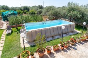 a swimming pool in a yard with potted plants at Villa Caterina in Solarino