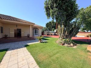 a yard with a house with a cactus at Finca La Talona, piscina in Cádiz