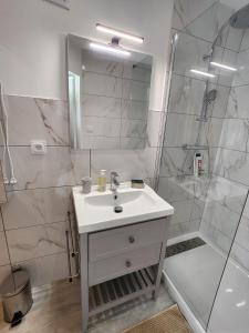 a bathroom with a sink and a shower at la perle du pibeste in Agos-Vidalos