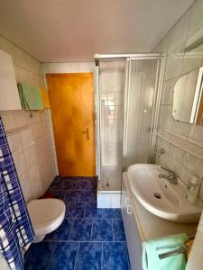 a bathroom with a toilet and a sink and a shower at Haus Leo in Kappl
