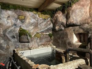 a bathroom with a bath tub in a rock wall at Chata LEA in Ratkovské Bystré