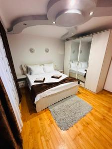 a bedroom with a large bed and a large mirror at Casa Maya in Douăzeci şi Trei August +10 photos