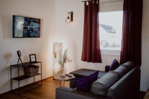 a living room with a couch and a window at Rheinwald in Weisweil