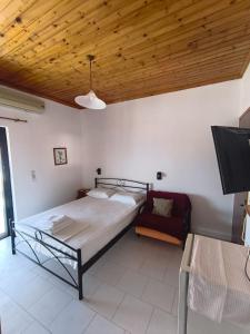 a bedroom with a bed and a tv and a couch at Paradisos in Loutsa +8 photos
