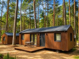 a wooden cabin in the woods with a picnic table and a table at Domki nad rzeką Narew in Ploski