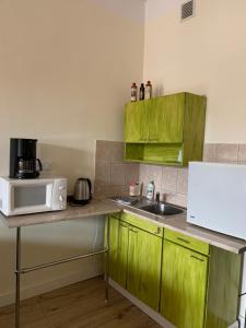 a kitchen with green cabinets and a sink and a microwave at Apartamenty w Kamienicy in Reszel +7 photos