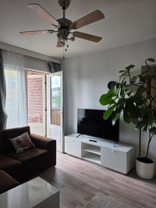 a living room with a couch and a flat screen tv at Linnankatu Apartment in Savonlinna