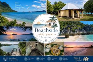a collage of photos of the beachside kitchen and the ocean at Beachside Haven Homestay in Yarawa Island