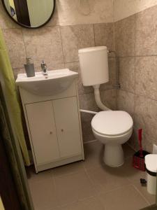 a bathroom with a toilet and a sink and a mirror at Apartamenty w Kamienicy in Reszel