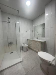a bathroom with a shower and a toilet and a sink at Apartamento CASA EL MORABITO in Puente Genil +13 photos