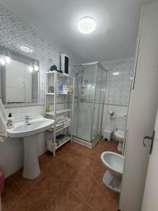 a bathroom with a sink and a shower and a toilet at Hospederia Ortiz 2 in Níjar