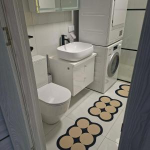 a bathroom with a toilet and a sink and a washing machine at Melnaragė in Melnragė +7 photos