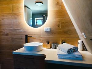 a bathroom with a sink and a mirror at Wolf Ridge Mountain Cabin Montenegro in Plužine +29 photos