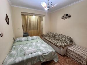 a small bedroom with a bed and a couch at Cozy Pogradec in Pogradec