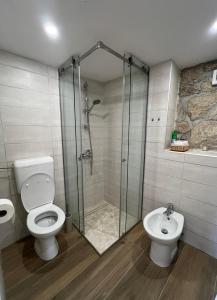 a bathroom with a shower and a toilet and a sink at Pr'Tončih in Podgorje