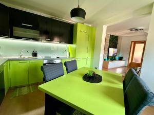 a kitchen with green cabinets and a table with chairs at Lambada Penthouse in Bugojno +4 photos