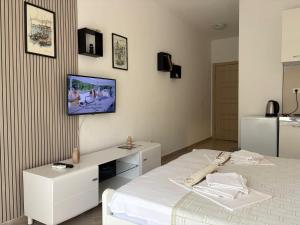 a bedroom with a bed and a tv on the wall at Guesthouse P&A in Budva +69 photos