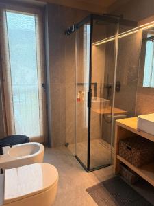a bathroom with a shower and a toilet and a sink at Il Fienile di Ebbe in Bormio +10 photos