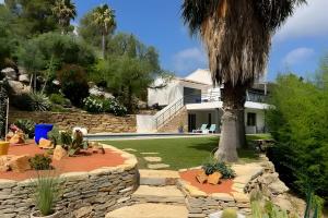 a house with a palm tree in front of a yard at Entre Mer Et Pinède Piscine in Bandol