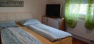 two beds in a room with a tv and a window at Apartments Tutto Bene in Jajce