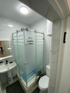 a bathroom with a shower and a toilet and a sink at SF Residence in Bosteri
