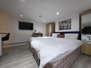 a large bedroom with a large bed and a flat screen tv at Oxford Private Flat One in Oxford