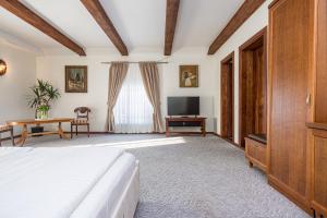 a bedroom with a bed and a flat screen tv at Virkštininkų kurortas in Vydmantai