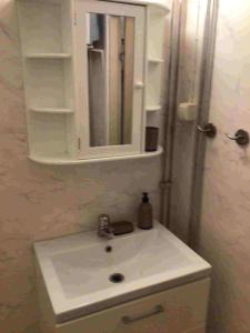 a bathroom with a white sink and a mirror at Bagarstugan in Älvdalen
