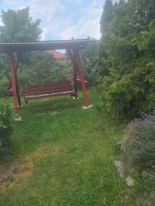a wooden bench sitting in the grass in a park at Pensiunea Clasic in Gherla +8 photos