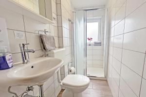 a white bathroom with a sink and a toilet at Alpine Lodge Goška Ravan in Radovljica