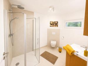 a bathroom with a shower and a toilet at Ferienwohnung Bienenkörbchen in Barge