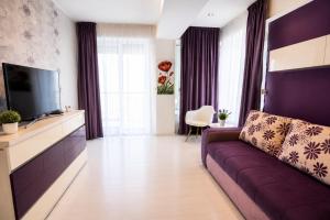 a living room with a couch and a tv at Summerland Nikos Residence in Mamaia