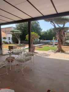 a patio with tables and chairs and a tree at Finca Los Olivos & spa, animaux in Utrera