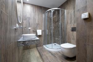 a bathroom with a shower and a toilet and a sink at Tęczowe Wzgórze in Wisła