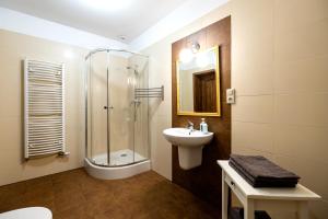 a bathroom with a shower and a sink and a toilet at Gospodarstwo nad jeziorem in Załom +132 photos