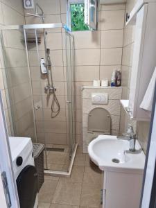 a bathroom with a shower and a sink and a toilet at Apartman UNA in Bjelila