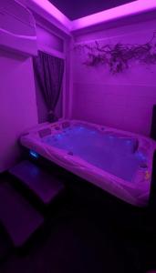 a purple bathroom with a large tub in a room at spa de la quarterelle LOVE ROOM 88 VOSGES in Remiremont