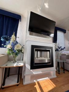 a living room with a fireplace with a flat screen tv at Malaga Monte Parc in Alhaurín de la Torre