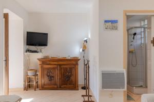 a living room with a television and a shower at My Alba in Jaujac +7 photos