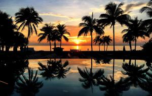 a sunset with palm trees and a swimming pool at B Ocean Resort Fort Lauderdale Beach in Fort Lauderdale