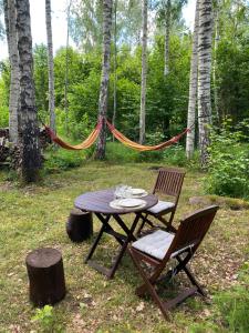 a table and two chairs and a hammock in the woods at Pendu talu kämping in Orissaare