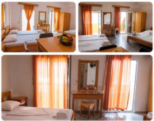 three pictures of a hotel room with beds and a table at Triton Sea View Studios in Tsoutsouros