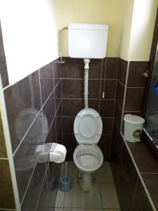 a small bathroom with a toilet and a trash can at Petrovic in Sombor